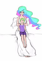 Size: 2480x3594 | Tagged: safe, artist:franschesco, princess celestia, spike, human, barefoot, bed, breasts, cute, cutelestia, feet, horned humanization, human coloration, humanized, light skin, looking up, momlestia, princess breastia, spikabetes, winged humanization, wings