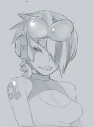 Size: 500x674 | Tagged: safe, artist:doxy, dj pon-3, vinyl scratch, human, bust, grayscale, hair over one eye, headphones, humanized, portrait, solo, tongue out