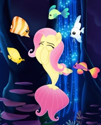 Size: 640x791 | Tagged: safe, fluttershy, fish, seapony (g4), my little pony: the movie, angelfish, butterfly fish, cute, eyes closed, happy, seaponified, seapony fluttershy, shyabetes, species swap, tropical fish