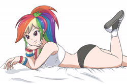 Size: 2458x1621 | Tagged: safe, artist:sumin6301, derpibooru import, edit, editor:michaelsety, rainbow dash, human, equestria girls, breasts, converse, human coloration, humanized, looking at you, open mouth, rainboob dash, sexy, shoes, simple background, solo, stupid sexy rainbow dash, white background