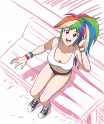 Size: 1968x2338 | Tagged: safe, artist:sumin6301, derpibooru import, edit, editor:michaelsety, rainbow dash, human, equestria girls, adorasexy, belly button, breasts, cleavage, converse, cute, human coloration, humanized, looking at you, looking up, open mouth, rainboob dash, sexy, shoes, simple background, sitting, solo, stupid sexy rainbow dash, white background