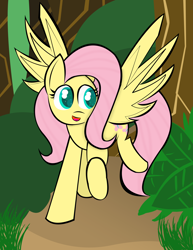 Size: 2550x3300 | Tagged: safe, artist:skyflys, fluttershy, pegasus, pony, colored pupils, cute, forest, solo, spread wings, wings