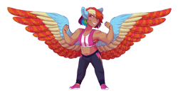 Size: 2800x1500 | Tagged: safe, artist:uunicornicc, derpibooru import, rainbow dash, human, armpit hair, belly button, clothes, colored wings, eared humanization, humanized, midget, midriff, multicolored wings, muscles, pants, short, simple background, solo, sports bra, white background, winged humanization, wings