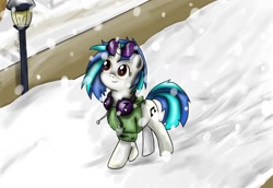 Size: 1000x688 | Tagged: safe, artist:spring breeze, dj pon-3, vinyl scratch, pony, unicorn, clothes, headphones, jacket, snow, snowfall, solo