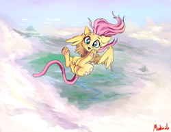 Size: 1400x1080 | Tagged: safe, artist:miokomata, fluttershy, cat, catified, cloud, cute, fluttercat, flying, paws, shyabetes, signature, sky, smiling, solo, species swap, spread wings, underpaw, wings