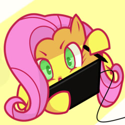 Size: 300x300 | Tagged: safe, artist:aquacola, fluttershy, pegasus, pony, bust, drawing, drawing tablet, hoof hold, looking at something, pen, solo, stylus, tablet