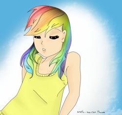 Size: 1024x972 | Tagged: safe, artist:wrath-marionphauna, derpibooru import, rainbow dash, human, clothes, digital art, eyes closed, humanized, shirt, simple background, solo, t-shirt