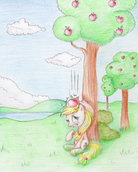 Size: 1812x2266 | Tagged: safe, artist:vird-gi, applejack, earth pony, pony, apple, food, isaac newton, sir isaac newton, solo, traditional art, tree