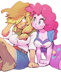 Size: 587x696 | Tagged: safe, artist:jirousan, applejack, pinkie pie, equestria girls, applepie, applerack, blushing, boots, breasts, cleavage, clothes, cowboy hat, cute, denim skirt, diapinkes, female, hat, jackabetes, lesbian, pinkie pies, shipping, simple background, skirt, squishy cheeks, stetson, tight clothing, white background