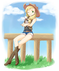 Size: 600x714 | Tagged: safe, artist:shirotsumehakka, applejack, human, boots, clothes, daisy dukes, fence, humanized, shorts, sitting, solo, tanktop, vest, wink