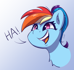 Size: 1162x1092 | Tagged: safe, artist:esfelt, derpibooru import, rainbow dash, pegasus, pony, alternate hairstyle, bust, chest fluff, cute, dashabetes, dialogue, ear fluff, female, happy, mare, open mouth, ponytail, portrait, solo