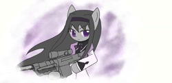 Size: 1285x622 | Tagged: safe, artist:howxu, octavia melody, earth pony, pony, gun, homura akemi, puella magi madoka magica, solo, weapon