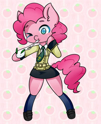 Size: 1024x1260 | Tagged: safe, artist:toxicniko, pinkie pie, earth pony, pony, semi-anthro, clothes, code geass, cute, miniskirt, mochi, moe, necktie, one eye closed, shoes, skirt, socks, solo, thighs, wink