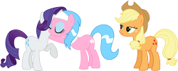 Size: 7725x3116 | Tagged: safe, artist:cloudyglow, aloe, applejack, rarity, earth pony, pony, unicorn, applejack's "day" off, .ai available, female, kissing, mare, out of context, simple background, transparent background, vector