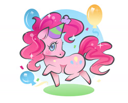 Size: 1600x1288 | Tagged: safe, artist:pokori, pinkie pie, pony, balloon, chibi, colored hooves, hat, head turn, party hat, prancing, raised hoof, solo, sparkles