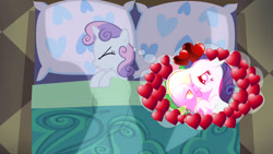 Size: 1024x576 | Tagged: safe, edit, edited screencap, screencap, rarity, spike, dragon, pony, unicorn, bed, blanket, dream, female, filly, heart, implied shipping, implied spikebelle, implied straight, jealous, male, mare, pillow, shipping, sleeping, sparity, straight