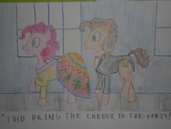 Size: 1280x960 | Tagged: safe, artist:mildgyth, cheese sandwich, pinkie pie, earth pony, pony, clothes, dialogue, dress, female, male, mare, offscreen character, photo, pun, raised hoof, stallion, traditional art, tuxedo, visual pun, walking