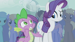 Size: 1280x720 | Tagged: safe, screencap, cloud kicker, lyra heartstrings, rarity, spike, dragon, pony, unicorn, boast busters, confused, duo focus, embarrassed, female, looking at each other, male, mare, nervous, raised eyebrow