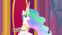 Size: 690x388 | Tagged: safe, artist:whitehawke, edit, edited screencap, editor:quillian inkheart, screencap, princess celestia, alicorn, mouse, pony, animated, cake, cakelestia, computer mouse, cute, cutelestia, ear twitch, eating, female, food, gif, mare, mousepad, nom, text, the plot thickens
