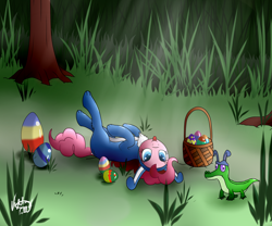 Size: 1200x1000 | Tagged: safe, artist:ollofkyser, gummy, pinkie pie, alligator, earth pony, pony, animal costume, basket, bunny costume, bunny ears, clothes, costume, cute, easter, easter egg, female, looking at you, lying, mare, on back, pet, silly, tongue out