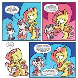 Size: 1397x1389 | Tagged: safe, artist:jay fosgitt, idw, angel bunny, fluttershy, sweetie belle, pegasus, pony, fluttershy leans in, spoiler:comic, spoiler:comic54