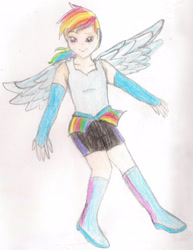 Size: 2153x2784 | Tagged: safe, artist:wrath-marionphauna, derpibooru import, rainbow dash, human, boots, clothes, colored pencil drawing, gloves, humanized, shoes, smiling, solo, traditional art, wings