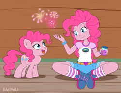 Size: 1000x767 | Tagged: safe, artist:empyu, pinkie pie, pony, equestria girls, legend of everfree, belt buckle, boots, bracelet, camp everfree outfits, chibi, clothes, cute, diapinkes, duality, heart, human ponidox, jewelry, open mouth, self ponidox, shorts, sitting, socks, striped socks