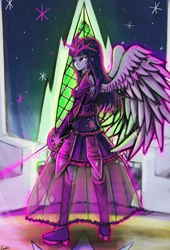 Size: 2550x3750 | Tagged: safe, artist:lumineko, derpibooru import, twilight sparkle, twilight sparkle (alicorn), alicorn, human, armor, electricity, horned humanization, humanized, magic, rapier, solo, sword, weapon, winged humanization