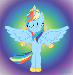 Size: 757x774 | Tagged: safe, artist:forsakenxenon, derpibooru import, rainbow dash, alicorn, pony, alicornified, best pony, collar, crown, cute, dashabetes, eyes closed, feminism, heroic, horn, jewelry, race swap, rainbowcorn, regalia, smiling, solo, spread wings, tail, wings