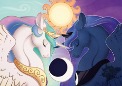 Size: 800x564 | Tagged: safe, artist:chubby-art-blog, artist:japandragon, princess celestia, princess luna, alicorn, pony, eyes closed, female, mare, moon, peytral, royal sisters, sun