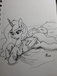 Size: 1024x1365 | Tagged: safe, artist:zsnowfilez, princess celestia, alicorn, pony, monochrome, prone, solo, traditional art