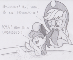 Size: 1137x941 | Tagged: safe, artist:lockerobster, apple bloom, applejack, earth pony, pony, adorabloom, bath, cute, filly, monochrome, sisters, splashing, undressing