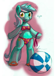 Size: 700x948 | Tagged: safe, artist:furboz, lyra heartstrings, pony, semi-anthro, beach ball, belly button, bikini, bipedal, clothes, sandals, solo, swimsuit