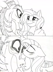 Size: 4776x6520 | Tagged: safe, artist:celestial-rainstorm, discord, fluttershy, pegasus, pony, absurd resolution, black and white, discoshy, female, grayscale, heartofadraconequus, kissing, looking, male, monochrome, shipping, straight