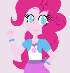 Size: 2677x2792 | Tagged: safe, artist:mlprocker123, pinkie pie, equestria girls, bracelet, clothes, cute, diapinkes, hand on hip, high res, jewelry, lineless, simple background, skirt, skirt pull, smiling, solo, waving