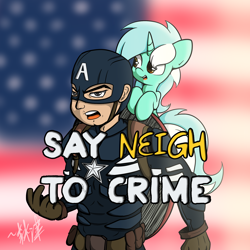 Size: 2000x2000 | Tagged: safe, artist:lightningnickel, lyra heartstrings, human, pony, unicorn, american flag, armor, captain america, crossover, cute, female, glare, leaning, looking at you, lyrabetes, mare, neigh, open mouth, ponies riding humans, public service announcement, pun, riding, smiling