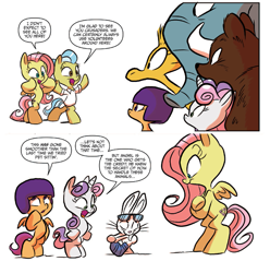 Size: 1391x1401 | Tagged: safe, artist:jay fosgitt, idw, angel bunny, apple bloom, doctor fauna, fluttershy, scootaloo, sweetie belle, bear, elephant, pegasus, pony, spoiler:comic, spoiler:comic54, bipedal, cutie mark crusaders, simple background, white background