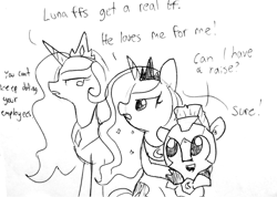 Size: 1280x913 | Tagged: safe, artist:tjpones, princess celestia, princess luna, alicorn, pony, black and white, dialogue, female, gold digger, grayscale, lineart, male, mare, monochrome, royal guard, royal sisters, simple background, sketch, stallion, traditional art, white background