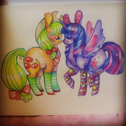 Size: 1080x1080 | Tagged: safe, artist:njeekyo, applejack, twilight sparkle, twilight sparkle (alicorn), alicorn, earth pony, pony, clothes, eyes closed, female, large ears, lesbian, nuzzling, shipping, socks, traditional art, twijack, watercolor painting