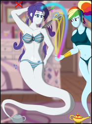 Size: 1500x2009 | Tagged: safe, artist:physicrodrigo, derpibooru import, rainbow dash, rarity, equestria girls, alternate hairstyle, arm behind head, belly button, bikini, breasts, clothes, commission, duo, duo female, ear piercing, earring, female, gem, genie, geniefied, grin, hair lock, haircut, jewelry, lamp, looking down, magic, mental shift, mind control, piercing, pixie cut, ponytail, rainboob dash, raritits, scissors, short hair, short mane, smiling, sports bra, story included, swimsuit, teapot, tomboy, transformation, wristband