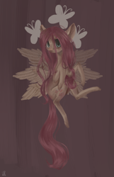 Size: 1000x1550 | Tagged: safe, artist:wopphank, fluttershy, pegasus, pony, head turn, looking at you, solo, spread wings, stray strand, wings