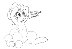 Size: 1280x885 | Tagged: safe, artist:pabbley, pinkie pie, earth pony, pony, unicorn, 30 minute art challenge, armpits, belly button, cute, diapinkes, monochrome, solo, this explains everything, unicorn pinkie pie