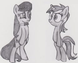 Size: 1024x829 | Tagged: safe, anonymous artist, lyra heartstrings, octavia melody, earth pony, pony, unicorn, bipedal, grayscale, monochrome, pencil, pencil drawing, traditional art, unamused