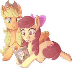 Size: 900x846 | Tagged: safe, artist:crponies, a.k. yearling, apple bloom, applejack, daring do, earth pony, pony, book, cutie mark, open mouth, reading, simple background, sisters, the cmc's cutie marks, transparent background
