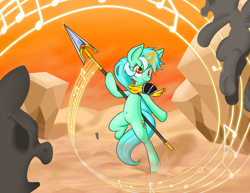 Size: 1280x989 | Tagged: safe, artist:zanezandell, lyra heartstrings, pony, belly button, bipedal, fight, magic, music notes, spear