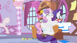 Size: 1920x1080 | Tagged: safe, screencap, rarity, sweetie belle, pony, unicorn, for whom the sweetie belle toils, all new, carousel boutique, cute, diasweetes, eyes closed, female, filly, glasses, hug, mare, open mouth, poniquin, ponyquin, rarity's glasses, scissors, text