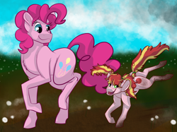 Size: 2732x2048 | Tagged: safe, artist:percy-mcmurphy, pinkie pie, oc, oc:swifty scuffles, earth pony, pony, female, filly, high res, mare, mother and child, mother and daughter, mud, offspring, parent and child, parent:braeburn, parent:pinkie pie, parents:braepie, pigtails, walking