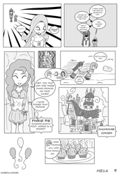 Size: 975x1417 | Tagged: safe, artist:vanillafox2035, derpibooru import, fluttershy, pinkie pie, spike, twilight sparkle, dragon, human, clothes, comic, female, food, horn, horned humanization, humanized, male, monochrome, muffin, winged humanization, wings