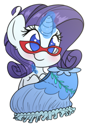 Size: 1296x1873 | Tagged: safe, artist:fluffyxai, rarity, pony, unicorn, chibi, clothes, cute, dress, female, glasses, glowing horn, horn, magic, mare, needle, raribetes, rarity's glasses, sewing, simple background, smiling, solo, transparent background