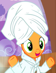 Size: 552x720 | Tagged: safe, screencap, applejack, earth pony, pony, applejack's "day" off, clothes, cropped, cute, robe, solo, towel